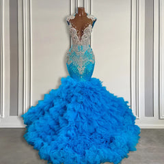 Ocean Blue Mermaid V-Neck Sleeveless Tulle Ruffle Prom Dresses With Beadings Applique