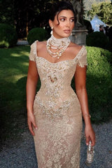 27Dress Cap Sleeve Sheath Long Lace Evening Dress with Rhinestones-1
