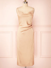 Champagne Cowl Neck Satin Sheath Bridesmaid Dress with Ruching