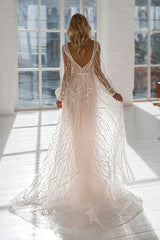 Champagne Deep V-Neck Sequin A-Line Sweep Train Wedding Dress with Long Sleeves Back View