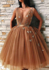 Champagne Deep V-Neck Tulle A-Line Homecoming Dress with Pockets