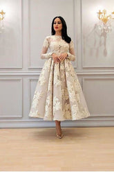 Champagne High Neck A-Line Mother of the Bride Dress with Long Sleeves