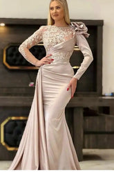 Champagne High Neck Satin Mermaid Long Evening Dress with Long Sleeves
