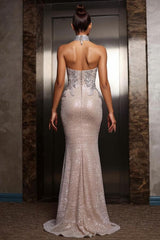 Champagne High Neck Sequin Mermaid Long Evening Dress Back View