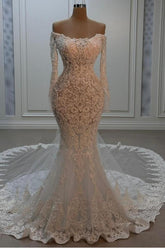 Champagne Off The Shoulder Lace Mermaid Chapel Train Wedding Dress with Long Sleeves