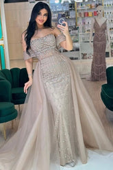 Champagne Off The Shoulder Sheath Long Prom Dress with Beading