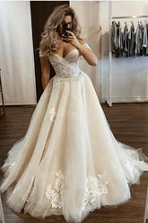 Champagne Off The Shoulder Tulle A-Line Sweep Train Wedding Dress with Lace Appliques