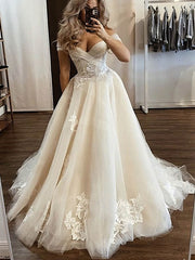 Champagne Off The Shoulder Tulle A-Line Wedding Dress with Lace Appliques