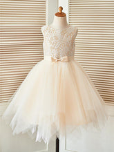 Champagne Scoop Neck Tulle A-Line Flower Girl Dress with Bow