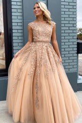 Champagne Scoop Neck Tulle A-Line Long Prom Dress with Lace Appliques