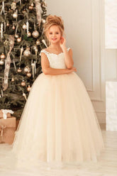 Champagne Scoop Neck Tulle Ball Gown Flower Girl Dress with Cap Sleeves