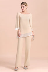 Champagne Scoop Neck Two Piece Long Mother of the Bride Pantsuit
