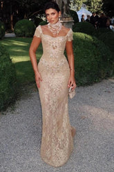 Champagne Square Neck Lace Sheath Long Evening Dress