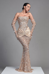 Champagne Strapless Sequin Mermaid Long Evening Dress