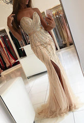 Champagne Sweetheart Sequin Mermaid Long Prom Dress with Slit