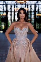 Champagne Sweetheart Sheath Long Prom Dress with Slit Bodice Detail