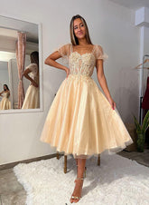 Champagne Sweetheart Tulle A-Line Homecoming Dress with Sequins