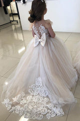 Champagne Tulle Ball Gown Flower Girl Dress with Lace Appliques and Bow Back View