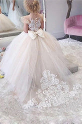 Champagne Tulle Ball Gown Flower Girl Dress with Lace Appliques and Bow
