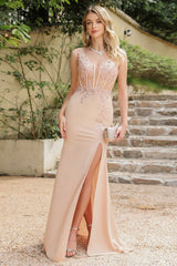 Champagne V-Neck Sequin Prom Dress with Corset Bodice and Slit