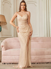Champagne V-Neck Sequin Sheath Long Prom Dress with Slit