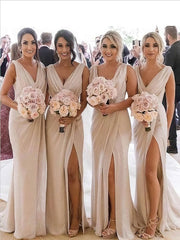 Champagne V-Neck Sheath Long Bridesmaid Dress with Slit