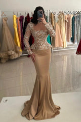 27Dress Champagne Long Sleeves Mermaid Long Formal Dress with Appliques