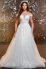 A-Line Off-the-Shoulder V-neck Tulle Beading Long Wedding Dresses