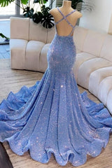 Long Mermaid Sleeveless V-Neck Criss Cross Straps Tulle Prom dresses with Piping