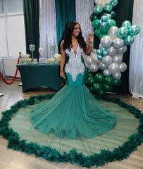 Charming Long Mermaid V neck Sleeveless Tulle Beading Prom Dress