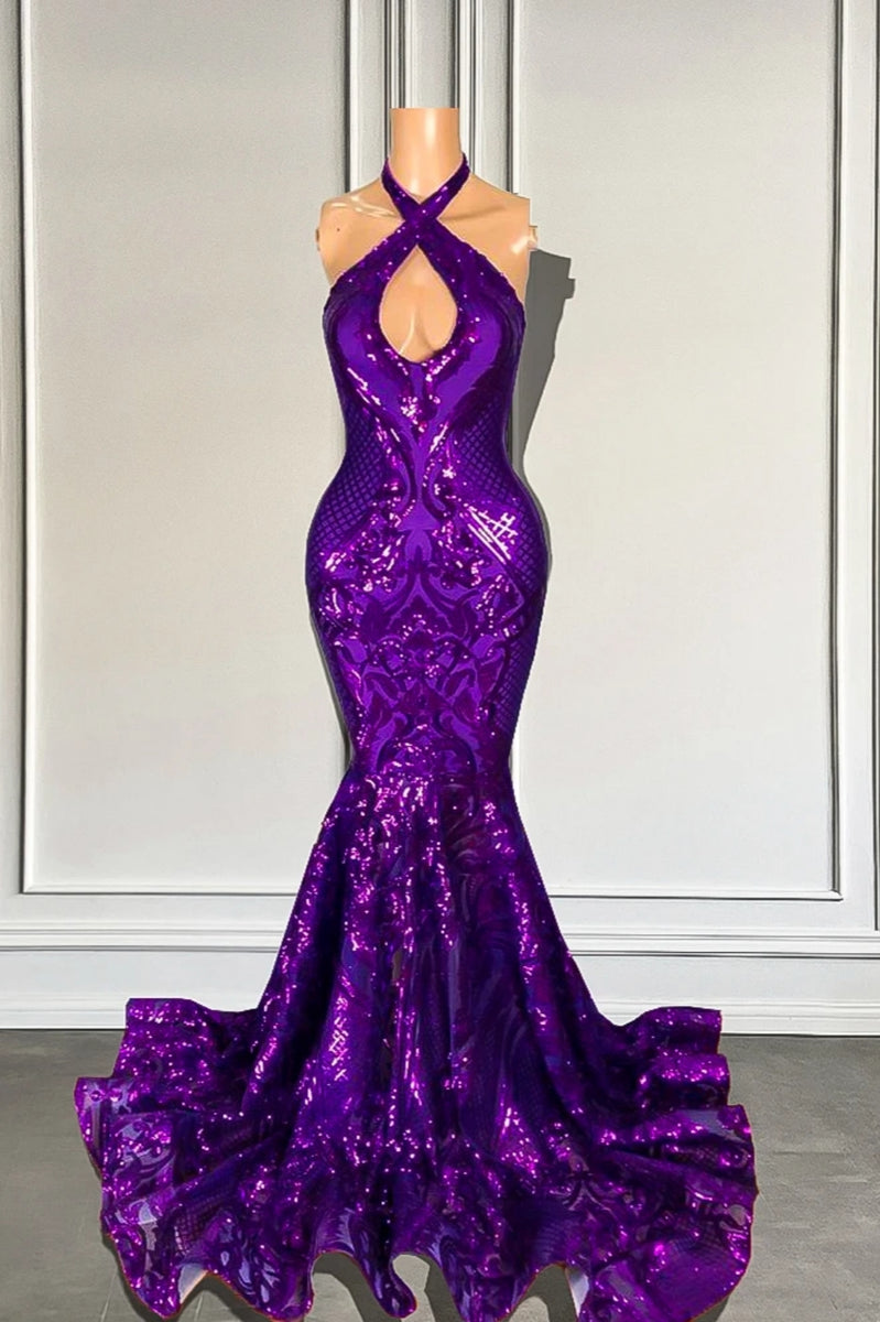 Purple Mermaid Prom Dress Sleeveless Halter Neck Formal Dress With Lace Appliques main image 0