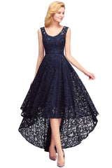 High Low A line U Neck Sleeveless Lace Formal Dress