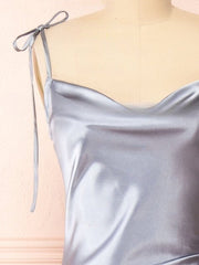 Dusty Blue Cowl Neck Satin Sheath Bridesmaid Dress Bodice Detail