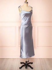 Dusty Blue Cowl Neck Satin Sheath Bridesmaid Dress Side View