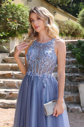 Dusty Blue High Neck Tulle A-Line Prom Dress with Lace Appliques