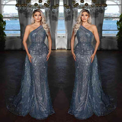 Dusty Blue One Shoulder Sequin Mermaid Long Prom Dress