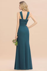 Dusty Blue Scoop Neck Chiffon A-Line Long Bridesmaid Dress Back View