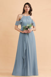 Dusty Blue Spaghetti Strap Chiffon A-Line Long Bridesmaid Dress