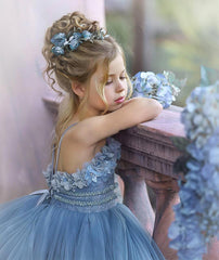 Dusty Blue Spaghetti Strap Tulle Ball Gown Flower Girl Dress Bodice Detail