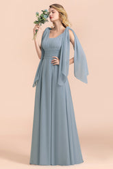 Dusty Blue Square Neck Chiffon A-Line Long Bridesmaid Dress