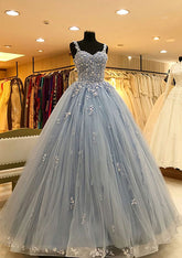 Dusty Blue Sweetheart Tulle Ball Gown Long Prom Dress