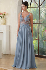 Dusty Blue V-Neck Chiffon A-Line Long Prom Dress with Lace Appliques