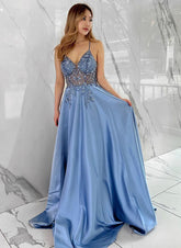 Dusty Blue V-Neck Satin A-Line Long Prom Dress with Beading
