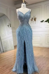 Dusty Blue V-Neck Sequin Sheath Long Prom Dress with Slit