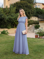 Long A-line Tulle Floral Lace Bridesmaid Dress with Cap Sleeves