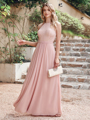 Long A Line Halter Floor Length Floral Lace Chiffon Evening Dress