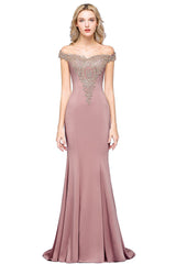 Long Off-the-Shoulder Gold Appliques Mermaid Evening Dress