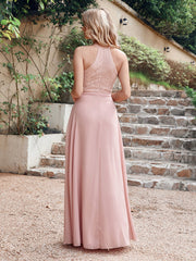 Long A Line Halter Floor Length Floral Lace Chiffon Evening Dress