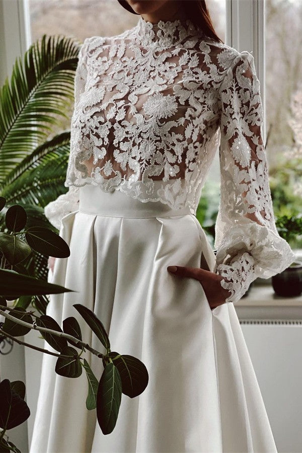 Elegant Two Piece High-neck Lace Long Sleeves Wedding Dresses with Pockets