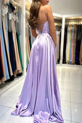 Elegant Lilac A-line Bateau Spaghetti Straps Satin Lace Up Long Prom Dresses